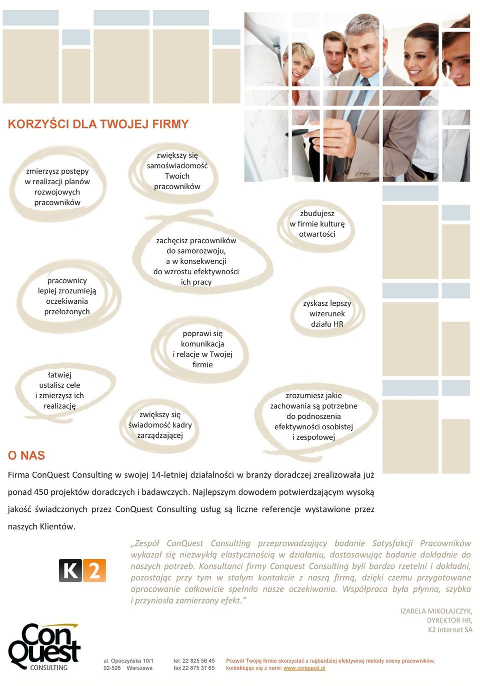 firmie kulturę otwartości zyskasz lepszy wizerunek działu HR zrozumiesz jakie zachowania są potrzebne do podnoszenia efektywności osobistej i zespołowej Firma ConQuest Consulting w swojej 14-letniej