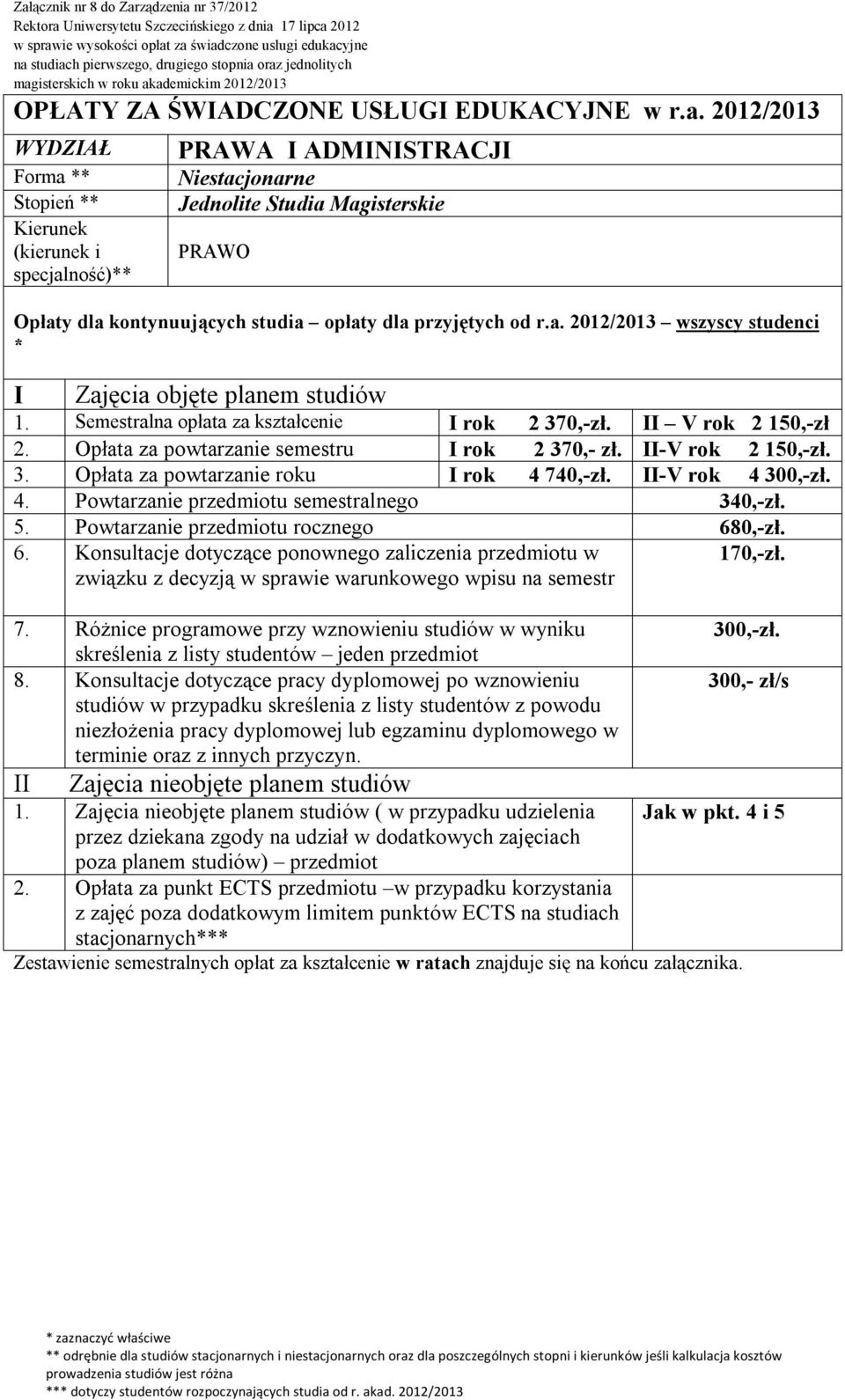 Semestralna opłata za kształcenie rok 2 370,-zł. V rok 2 150,-zł 2. Opłata za powtarzanie semestru rok 2 370,- zł. -V rok 2 150,-zł. 3. Opłata za powtarzanie roku rok 4 740,-zł.