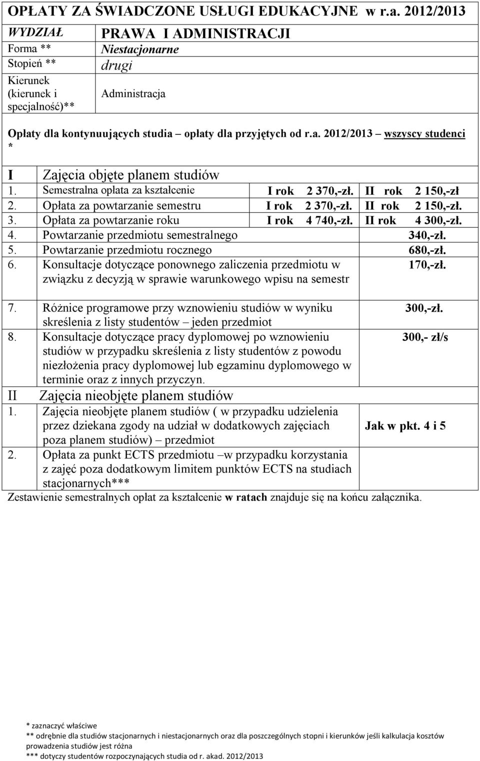 Opłata za powtarzanie semestru rok 2 370,-zł. rok 2 150,-zł. 3. Opłata za powtarzanie roku rok 4 740,-zł.