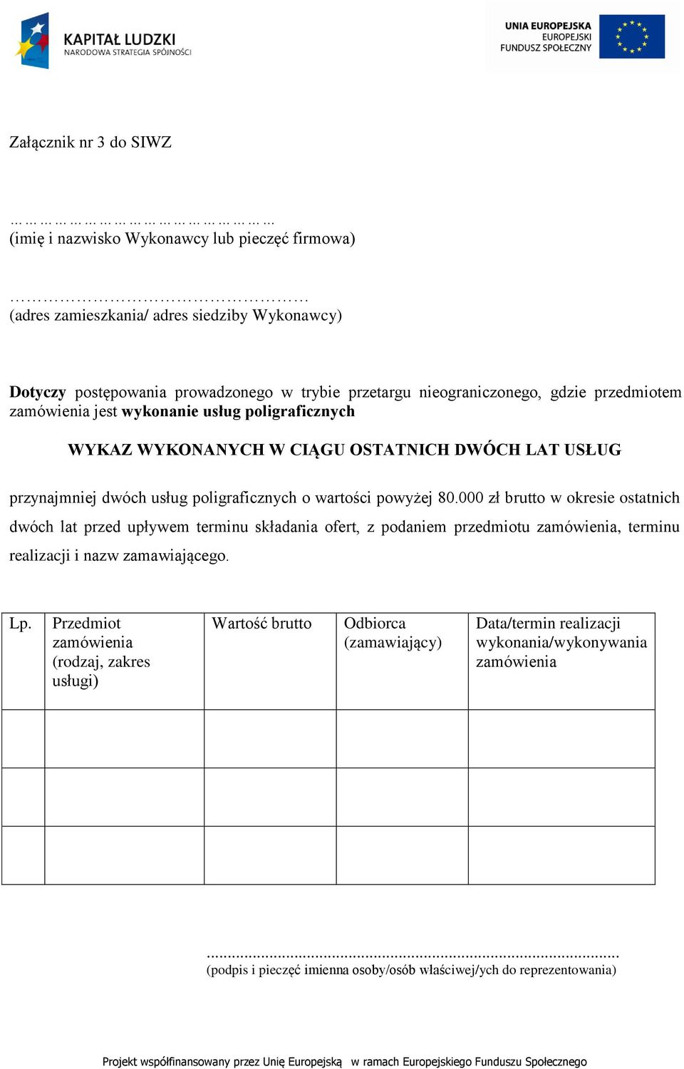 wartości powyżej 80.000 zł brutto w okresie ostatnich dwóch lat przed upływem terminu składania ofert, z podaniem przedmiotu zamówienia, terminu realizacji i nazw zamawiającego. Lp.