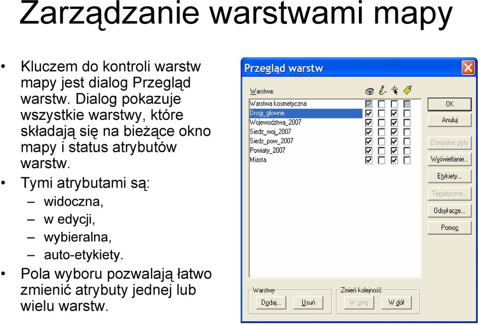 Dialog pokazuje wszystkie warstwy, które składają się na bieżące okno mapy i