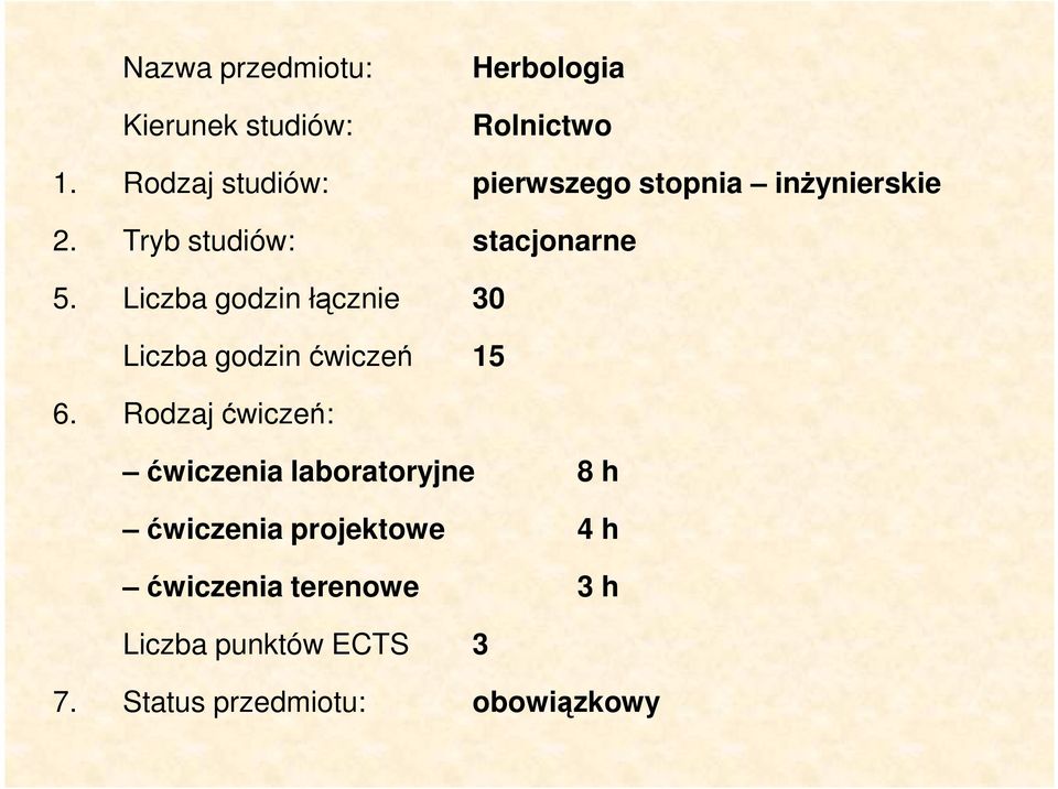 Liczba godzin łącznie 30 Liczba godzin ćwiczeń 15 6.