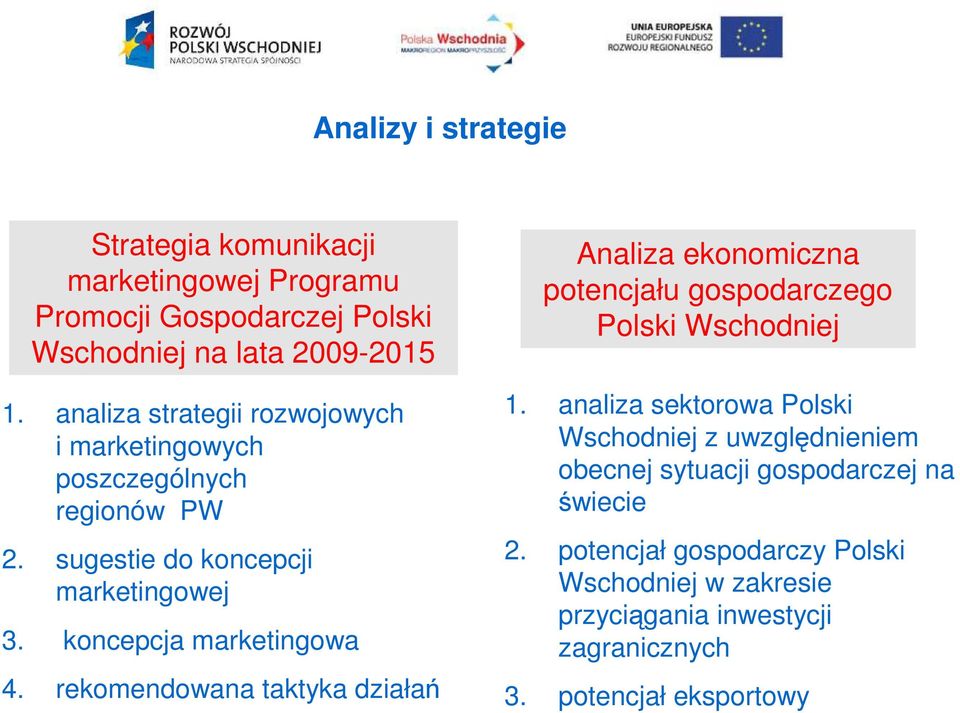 rekomendowana taktyka działań Analiza ekonomiczna potencjału gospodarczego Polski Wschodniej 1.