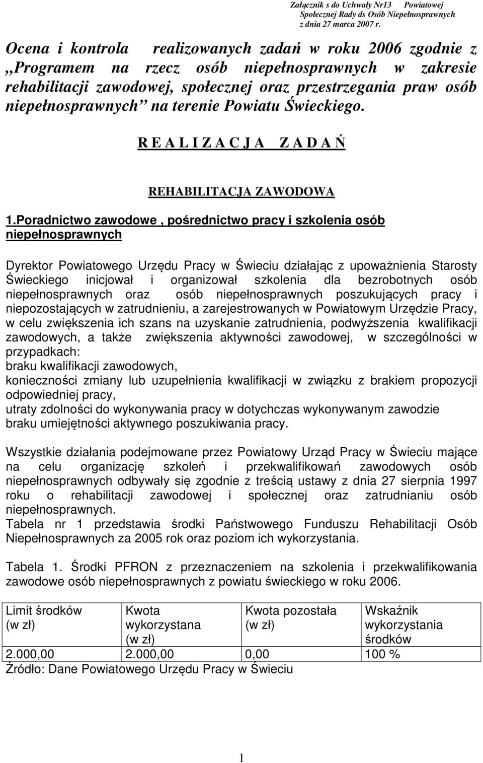 terenie Powiatu Świeckiego. R E A L I Z A C J A Z A D A Ń REHABILITACJA ZAWODOWA 1.