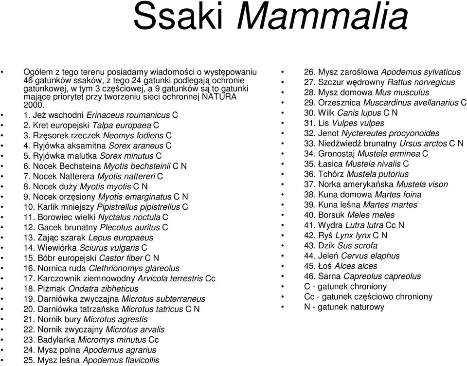 Ryjówka aksamitna Sorex araneus C 5. Ryjówka malutka Sorex minutus C 6. Nocek Bechsteina Myotis bechsteinii C N 7. Nocek Natterera Myotis nattereri C 8. Nocek duŝy Myotis myotis C N 9.