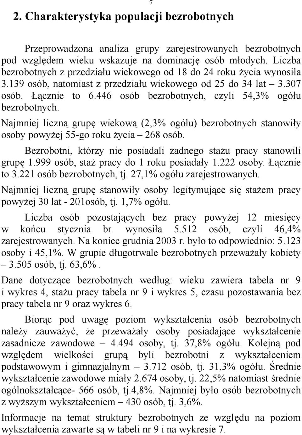 446 osób bezrobotnych, czyli 54,3% ogółu bezrobotnych. Najmniej liczną grupęwiekową (2,3% ogółu) bezrobotnych stanowiły osoby powyż ej 55-go roku ż ycia 268 osób.