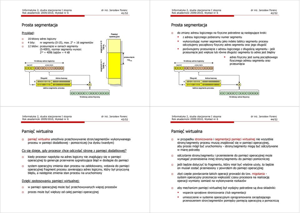 adresu logicznego pobieramy numer segmentu wykorzystując numer segmentu jako indeks tablicy segmentu procesu odczytujemy początkowy fizyczny adres segmentu oraz jego długość porównujemy przesunięcie