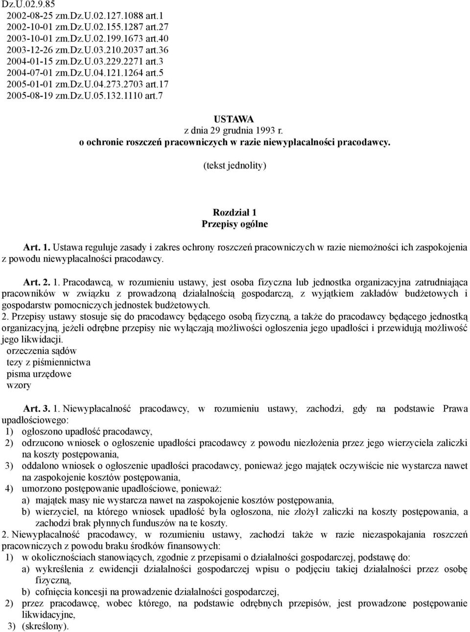 o ochronie roszczeń pracowniczych w razie niewypłacalności pracodawcy. (tekst jednolity) Rozdział 1 