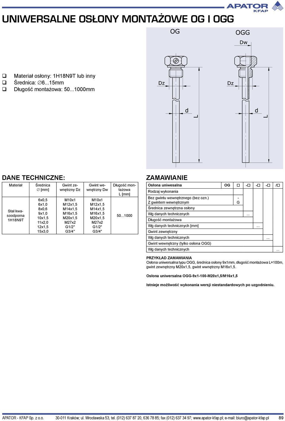 G3/4" Gwint wewnętrzny Dw M10x1 M12x1,5 M14x1,5 M16x1,5 M20x1,5 M27x2 G1/2" G3/4" Długość montażowa L [mm] 50...1000 Osłona uniwesalna OG - - - / Rodzaj wykonania Bez gwintu wewnętrznego (bez ozn.