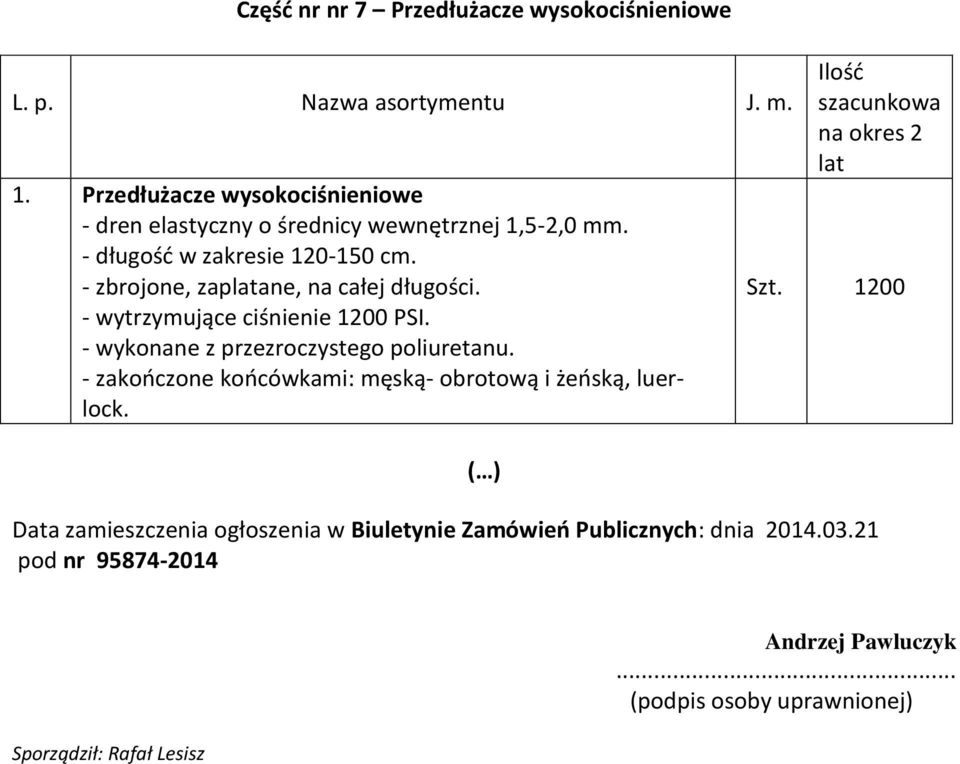 - wykonane z przezroczystego poliuretanu. - zakończone końcówkami: męską- obrotową i żeńską, luerlock. ( ) na okres 2 lat Szt.