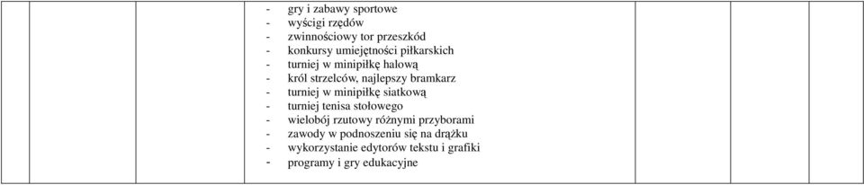 minipiłkę siatkową - turniej tenisa stołowego - wielobój rzutowy różnymi przyborami - zawody