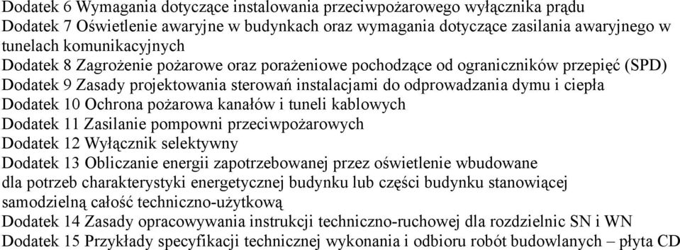 pożarowa kanałów i tuneli kablowych Dodatek 11 Zasilanie pompowni przeciwpożarowych Dodatek 12 Wyłącznik selektywny Dodatek 13 Obliczanie energii zapotrzebowanej przez oświetlenie wbudowane dla