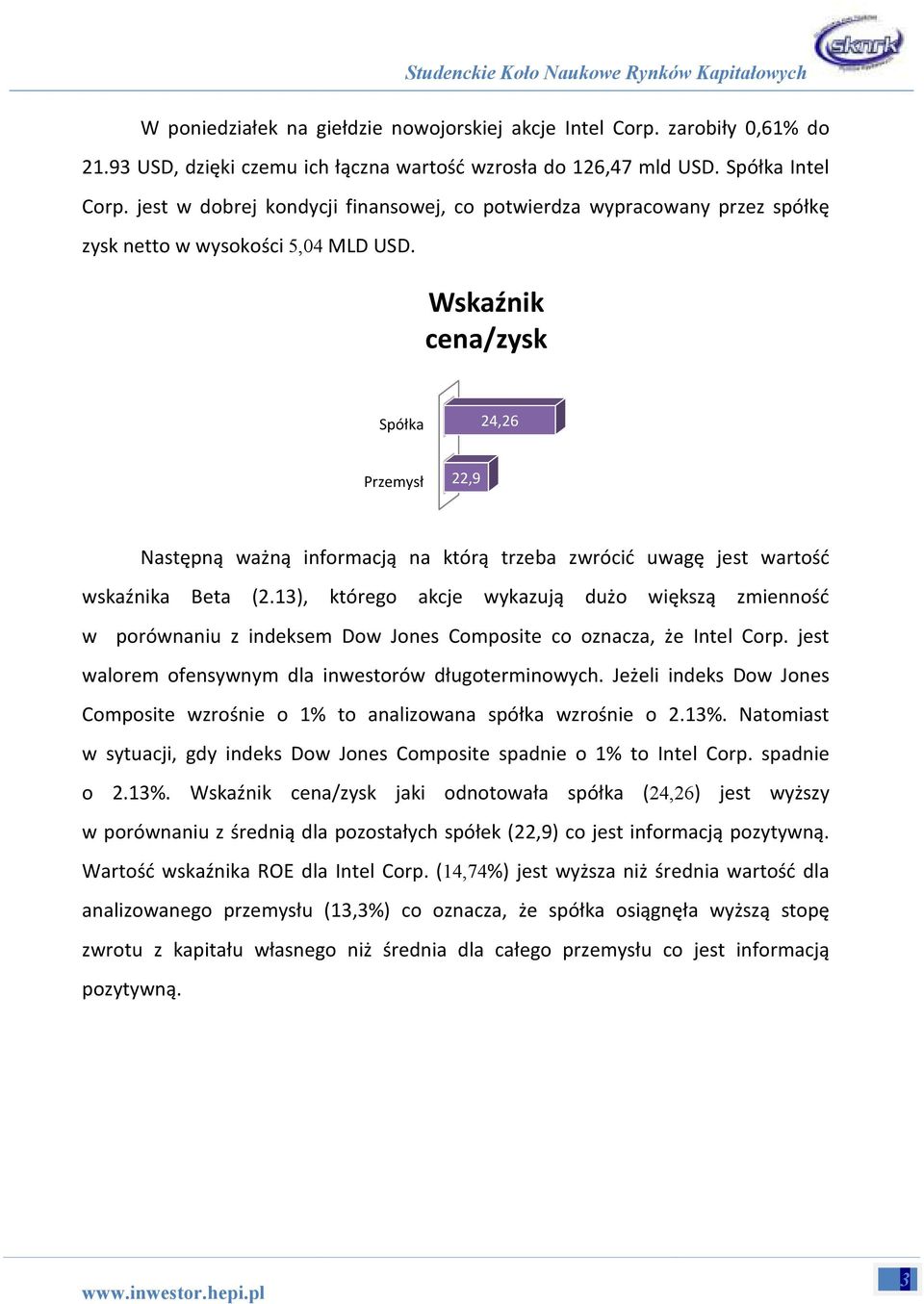 Studenckie Koło Naukowe Rynków Kapitałowych Wskaźnik cena/zysk Spółka 24,26 Przemysł 22,9 Następną ważną informacją na którą trzeba zwrócić uwagę jest wartość wskaźnika Beta (2.