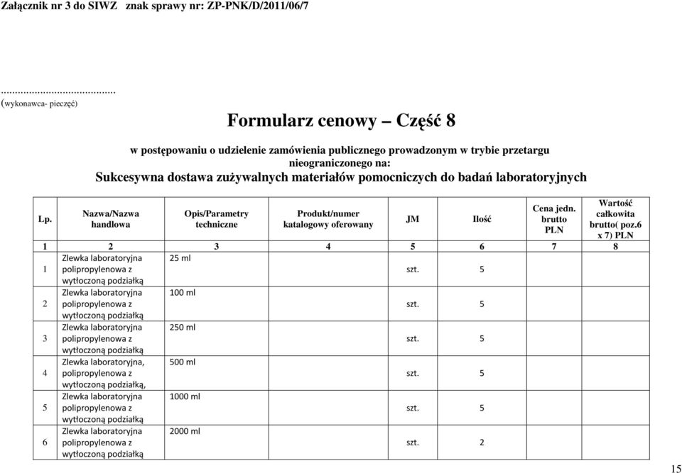 6 x 7) PLN 1 2 3 4 5 6 7 8 Zlewka laboratoryjna 25 ml 1 polipropylenowa z szt. 5 wytłoczoną podziałką Zlewka laboratoryjna 100 ml 2 polipropylenowa z szt.