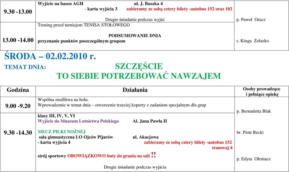 Paweł Oracz ŚRODA 02.02.2010 r. TEMAT DNIA: SZCZĘŚCIE TO SIEBIE POTRZEBOWAĆ NAWZAJEM Wspólna modlitwa na holu.