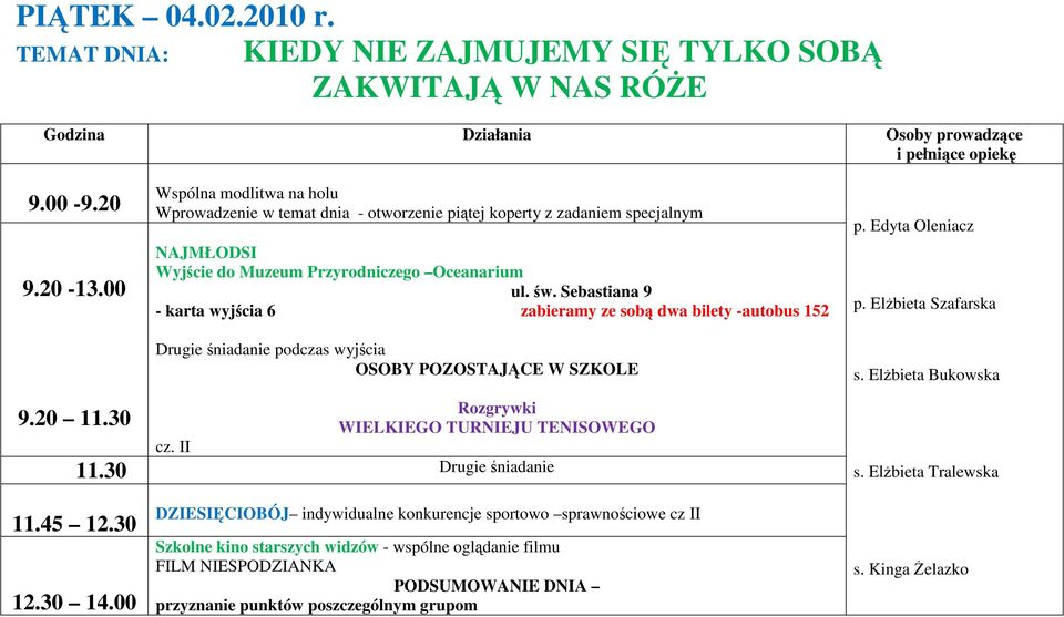 Sebastiana 9 - karta wyjścia 6 zabieramy ze sobą dwa bilety -autobus 152 Drugie śniadanie podczas wyjścia OSOBY POZOSTAJĄCE W SZKOLE p.