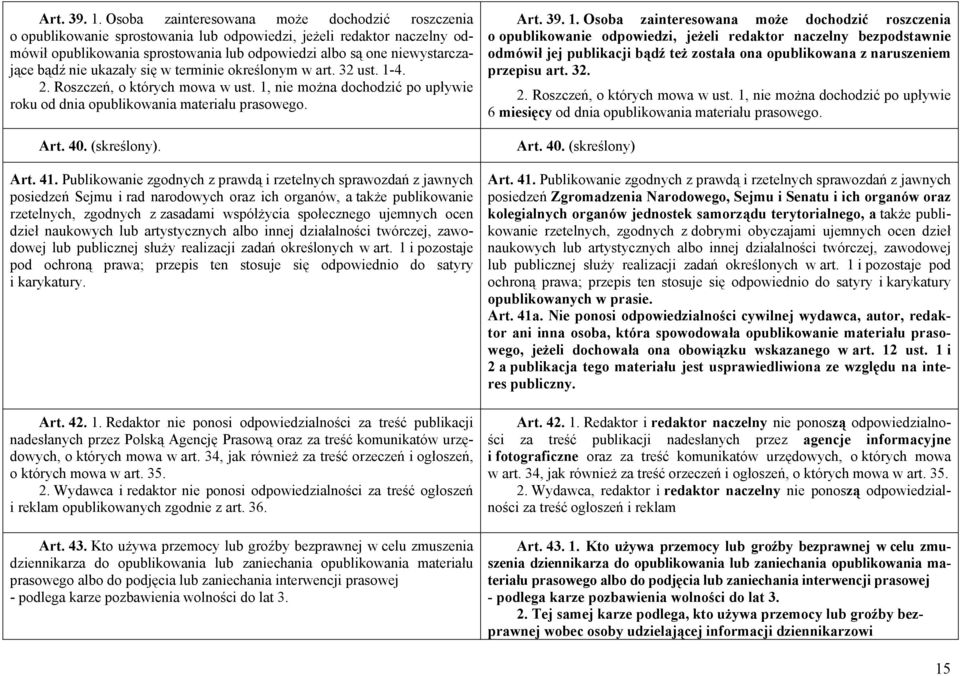 bądź nie ukazały się w terminie określonym w art. 32 ust. 1-4. 2. Roszczeń, o których mowa w ust. 1, nie można dochodzić po upływie roku od dnia opublikowania materiału prasowego. Art. 40.