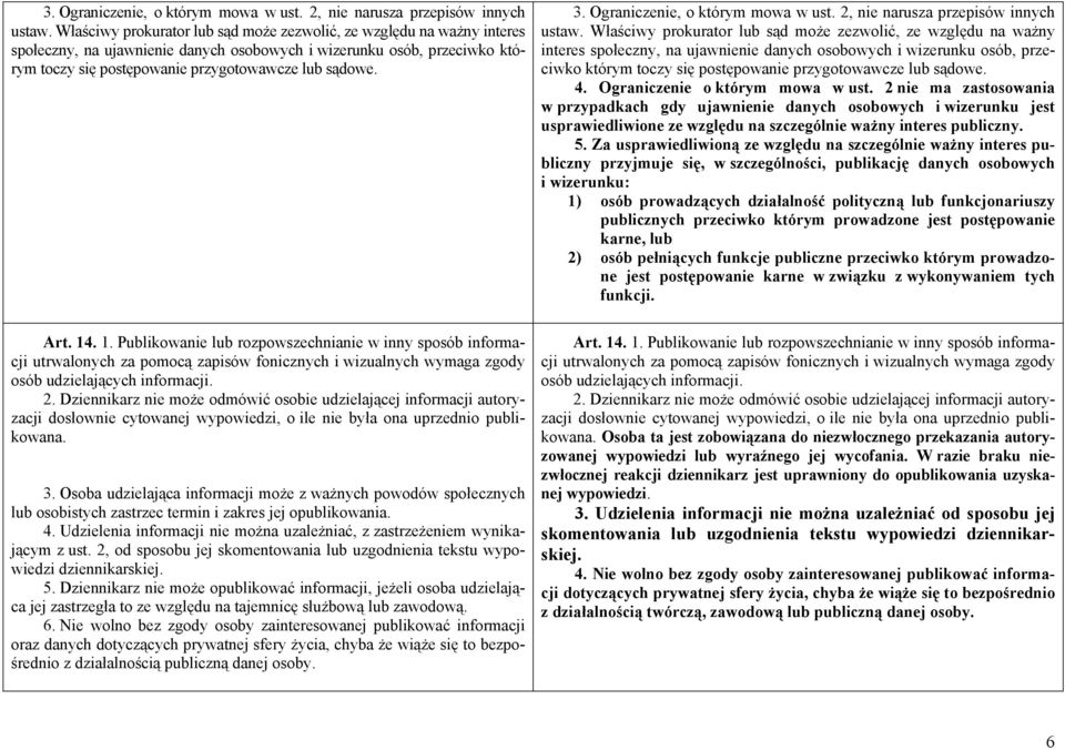 Art. 14. 1. Publikowanie lub rozpowszechnianie w inny sposób informacji utrwalonych za pomocą zapisów fonicznych i wizualnych wymaga zgody osób udzielających informacji. 2.