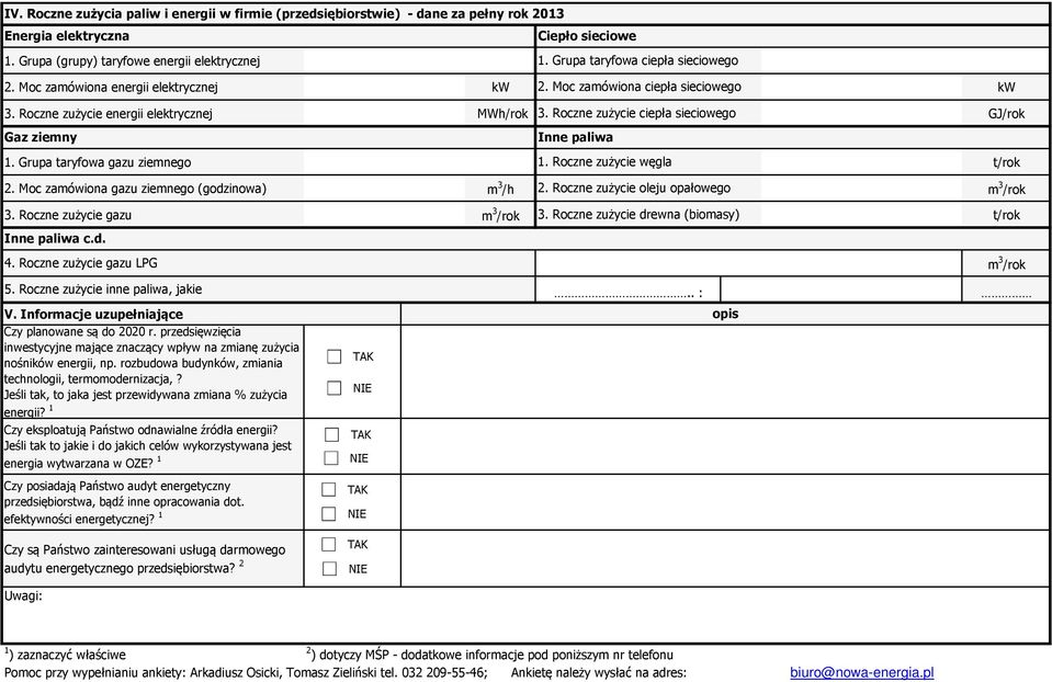 Roczne zużycie ciepła sieciowego GJ/rok Gaz ziemny Inne paliwa 1. Grupa taryfowa gazu ziemnego 1. Roczne zużycie węgla t/rok 2. Moc zamówiona gazu ziemnego (godzinowa) m 3 /h 2.