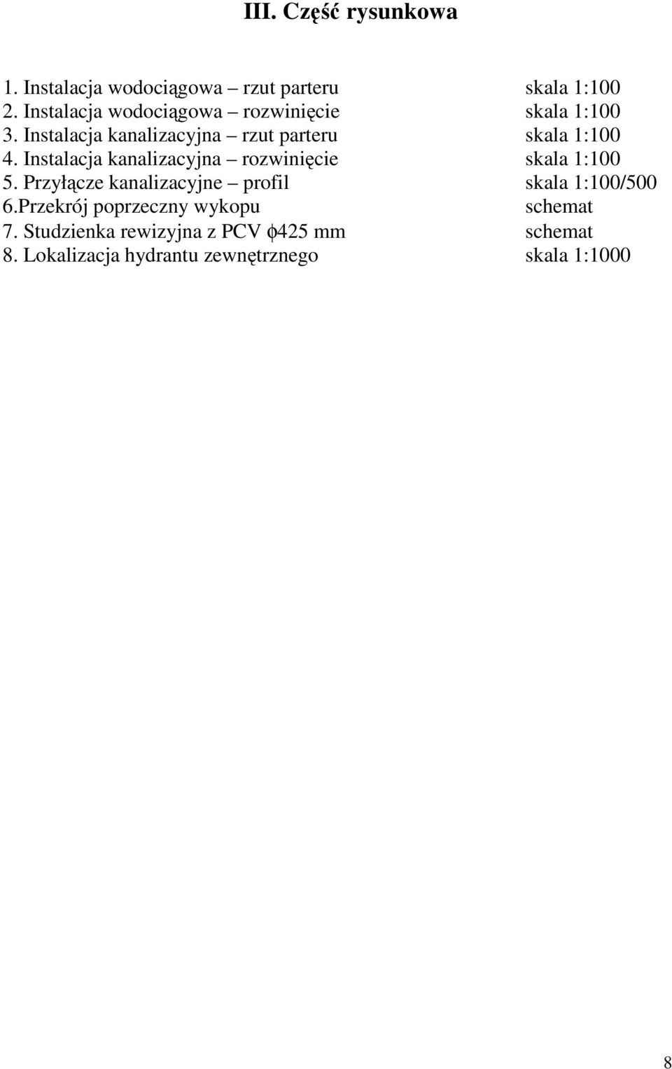 Instalacja kanalizacyjna rozwinięcie skala 1:100 5. Przyłącze kanalizacyjne profil skala 1:100/500 6.