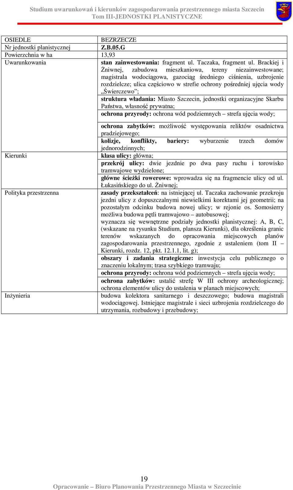 wody Świerczewo ; struktura władania: Miasto Szczecin, jednostki organizacyjne Skarbu Państwa, własność prywatna; ochrona przyrody: ochrona wód podziemnych strefa ujęcia wody; Kierunki InŜynieria