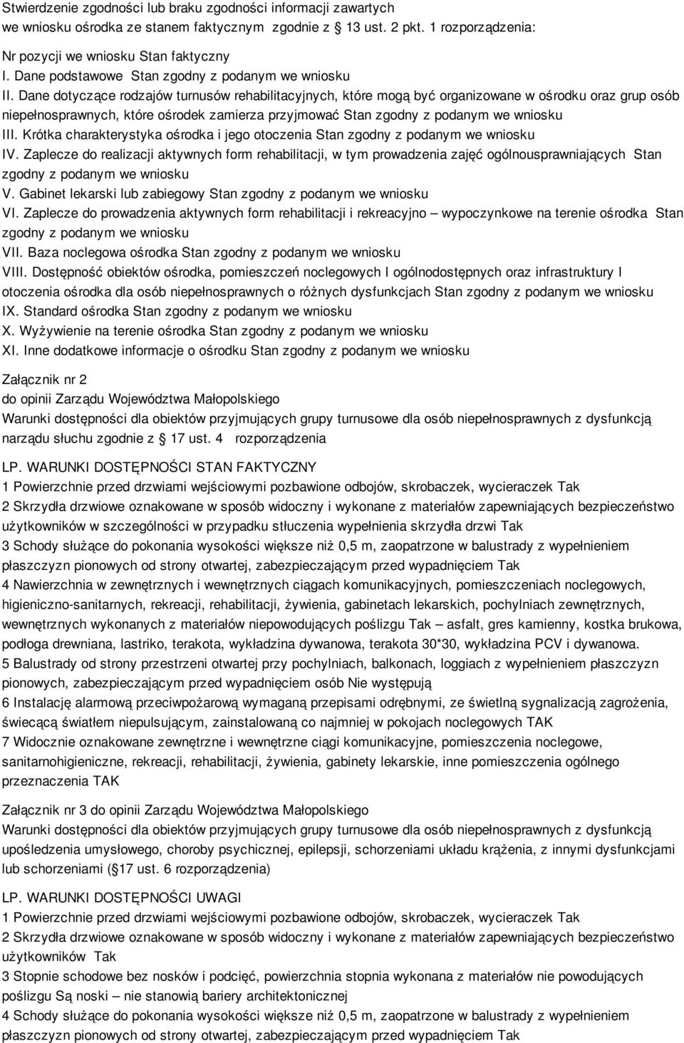 Dane dotyczące rodzajów turnusów rehabilitacyjnych, które mogą być organizowane w ośrodku oraz grup osób niepełnosprawnych, które ośrodek zamierza przyjmować Stan zgodny z podanym we wniosku III.