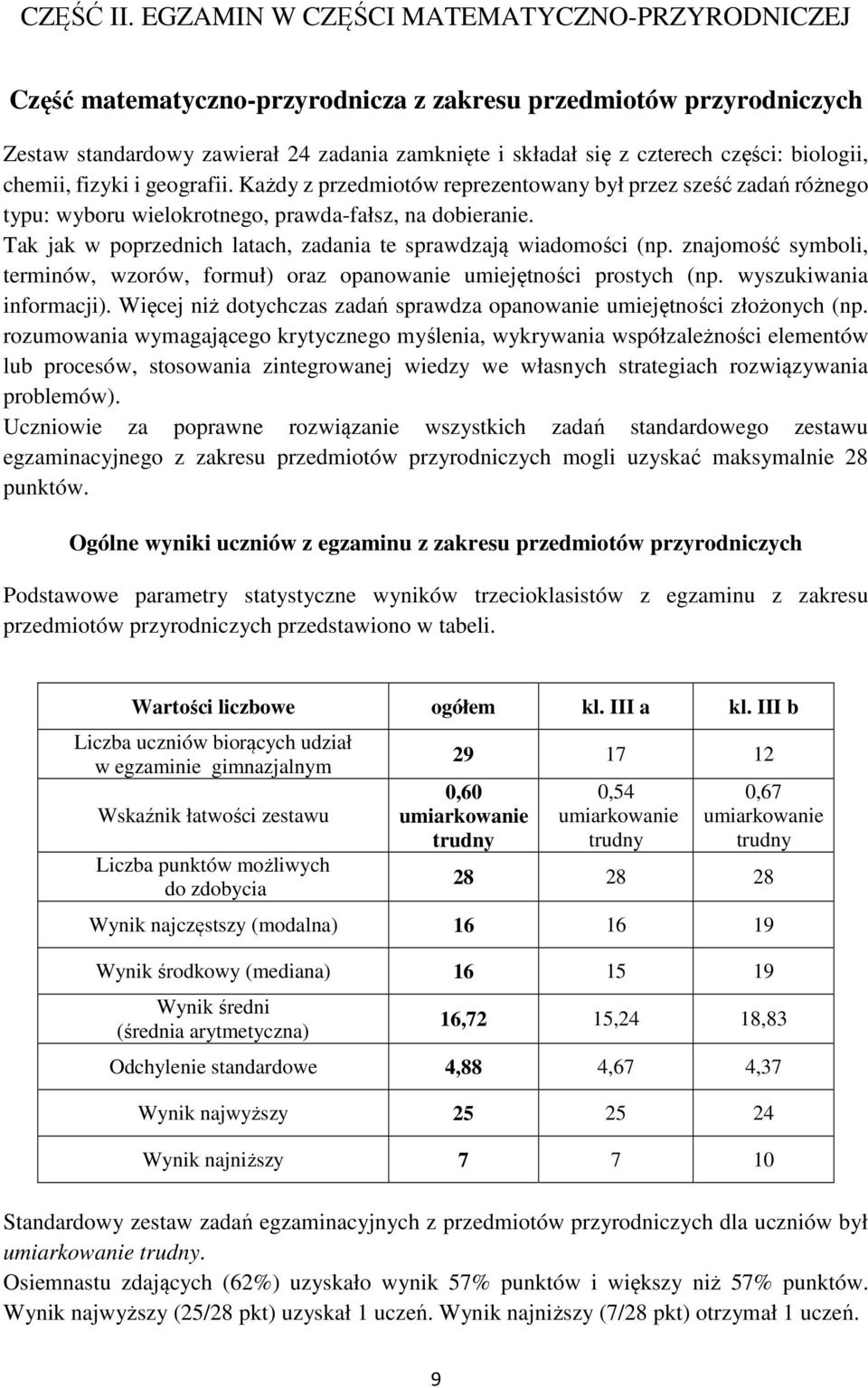 biologii, chemii, fizyki i geografii. Każdy z przedmiotów reprezentowany był przez sześć zadań różnego typu: wyboru wielokrotnego, prawda-fałsz, na dobieranie.