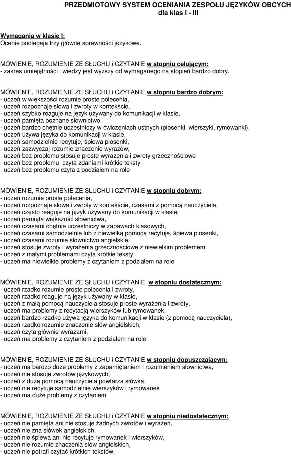 MÓWIENIE, ROZUMIENIE ZE SŁUCHU i CZYTANIE w stopniu bardzo dobrym: - uczeń w większości rozumie proste polecenia, - uczeń rozpoznaje słowa i zwroty w kontekście, - uczeń szybko reaguje na język