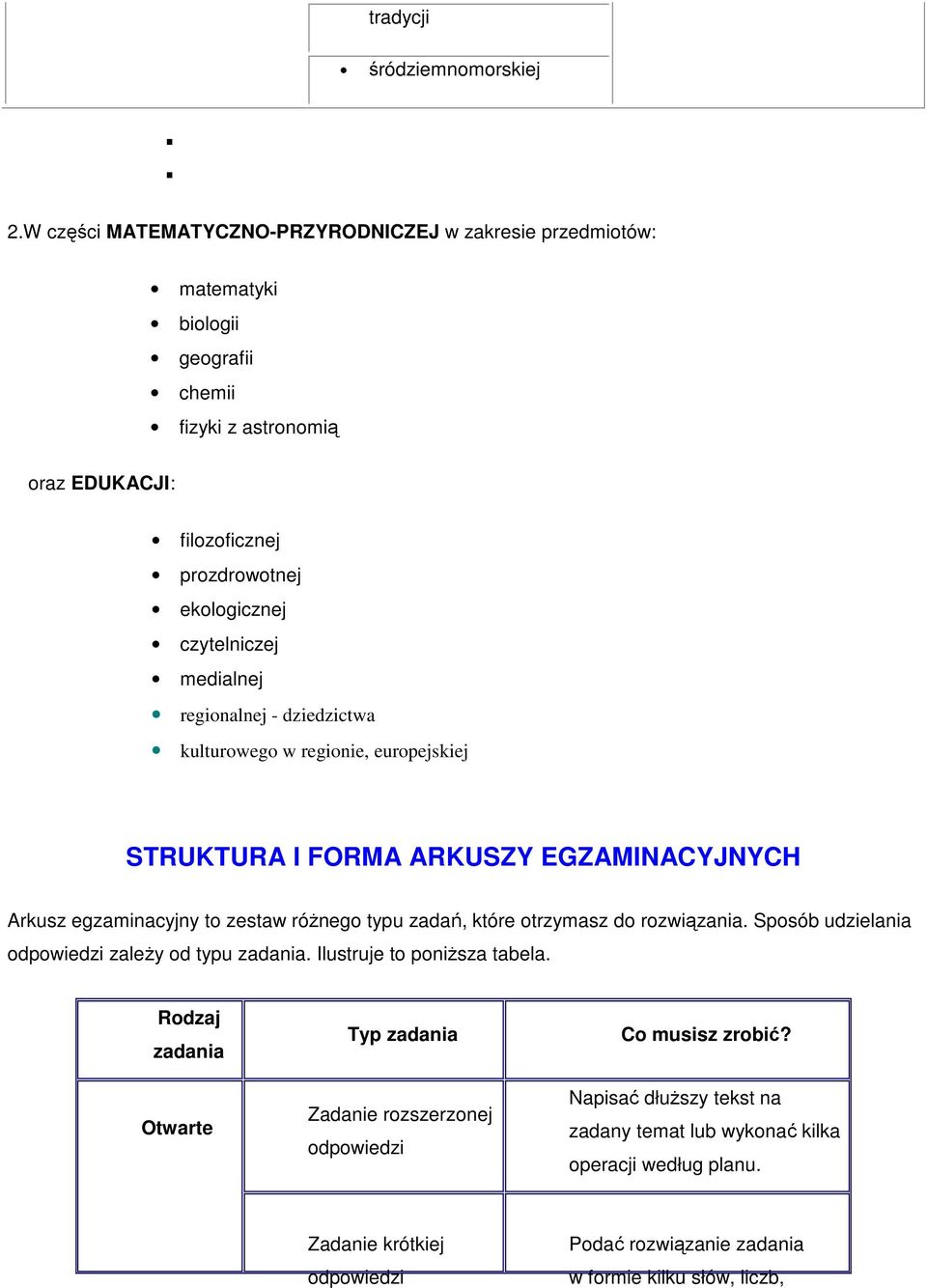 medialnej regionalnej - dziedzictwa kulturowego w regionie, europejskiej STRUKTURA I FORMA ARKUSZY EGZAMINACYJNYCH Arkusz egzaminacyjny to zestaw róŝnego typu zadań, które otrzymasz do