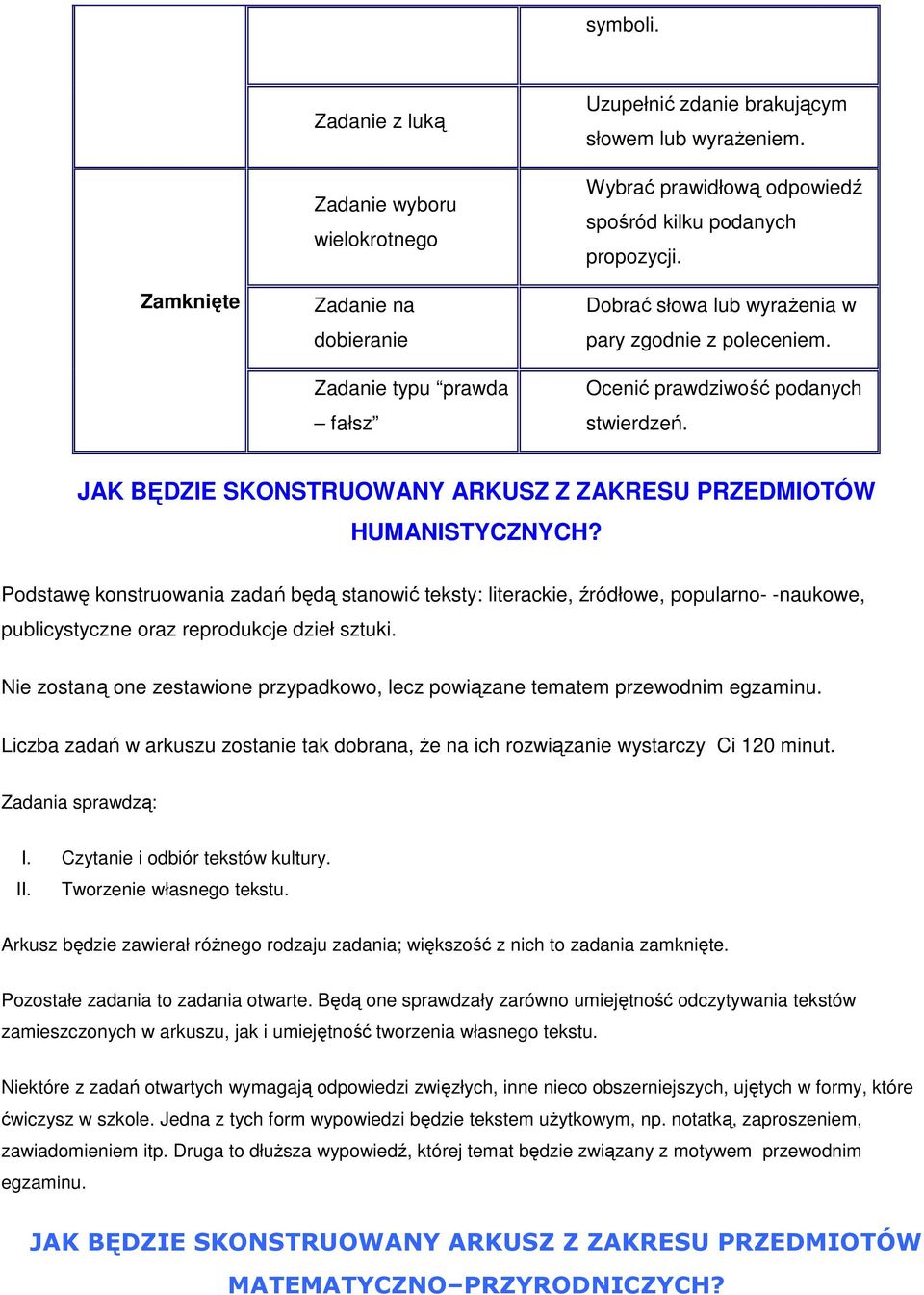 JAK BĘDZIE SKONSTRUOWANY ARKUSZ Z ZAKRESU PRZEDMIOTÓW HUMANISTYCZNYCH?