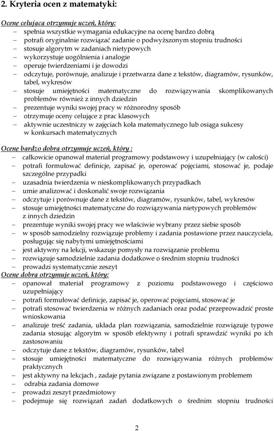 rysunków, tabel, wykresów stosuje umiejętności matematyczne do rozwiązywania skomplikowanych problemów również z innych dziedzin prezentuje wyniki swojej pracy w różnorodny sposób otrzymuje oceny