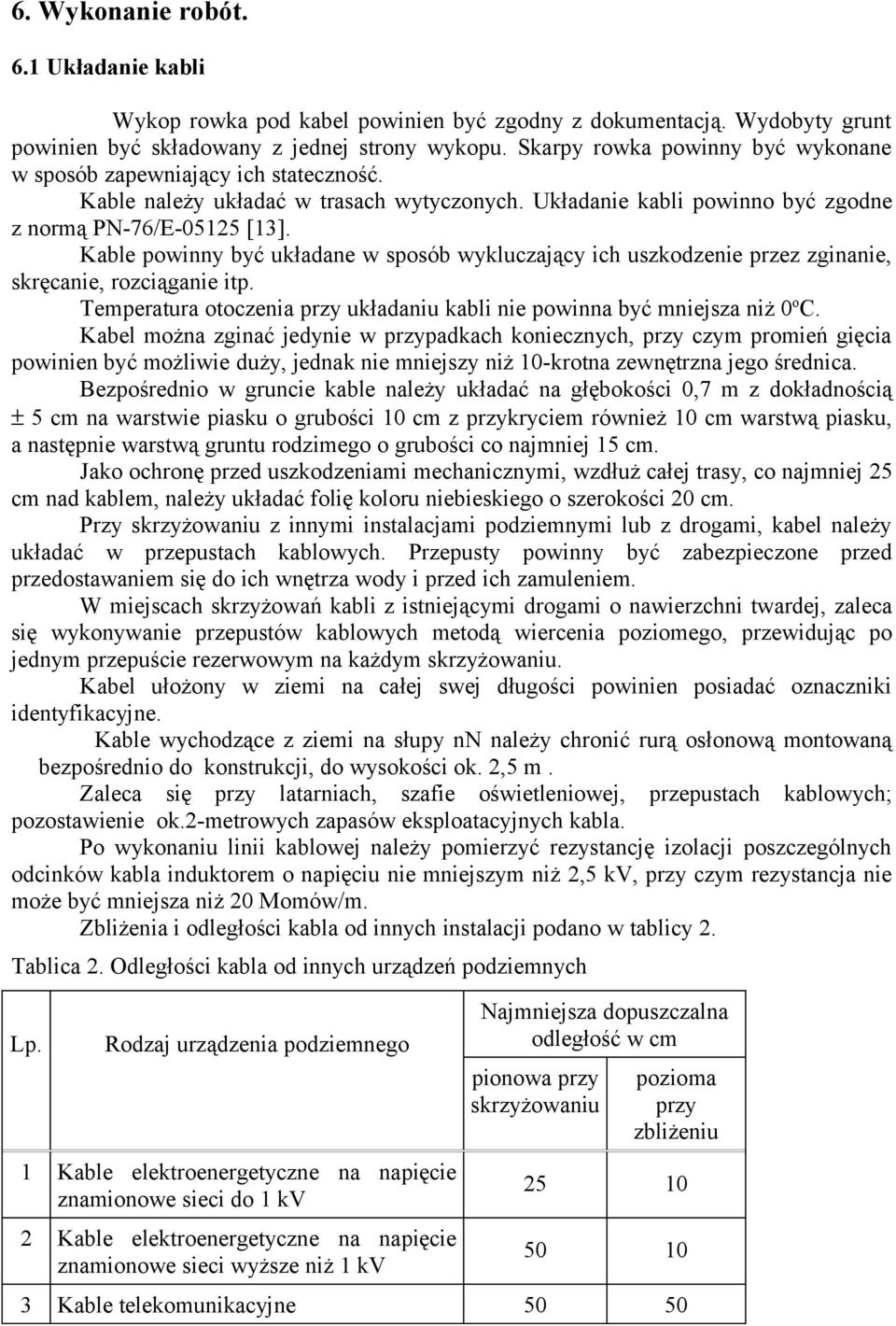 Kable powinny być układane w sposób wykluczający ich uszkodzenie przez zginanie, skręcanie, rozciąganie itp. Temperatura otoczenia przy układaniu kabli nie powinna być mniejsza niż 0 o C.