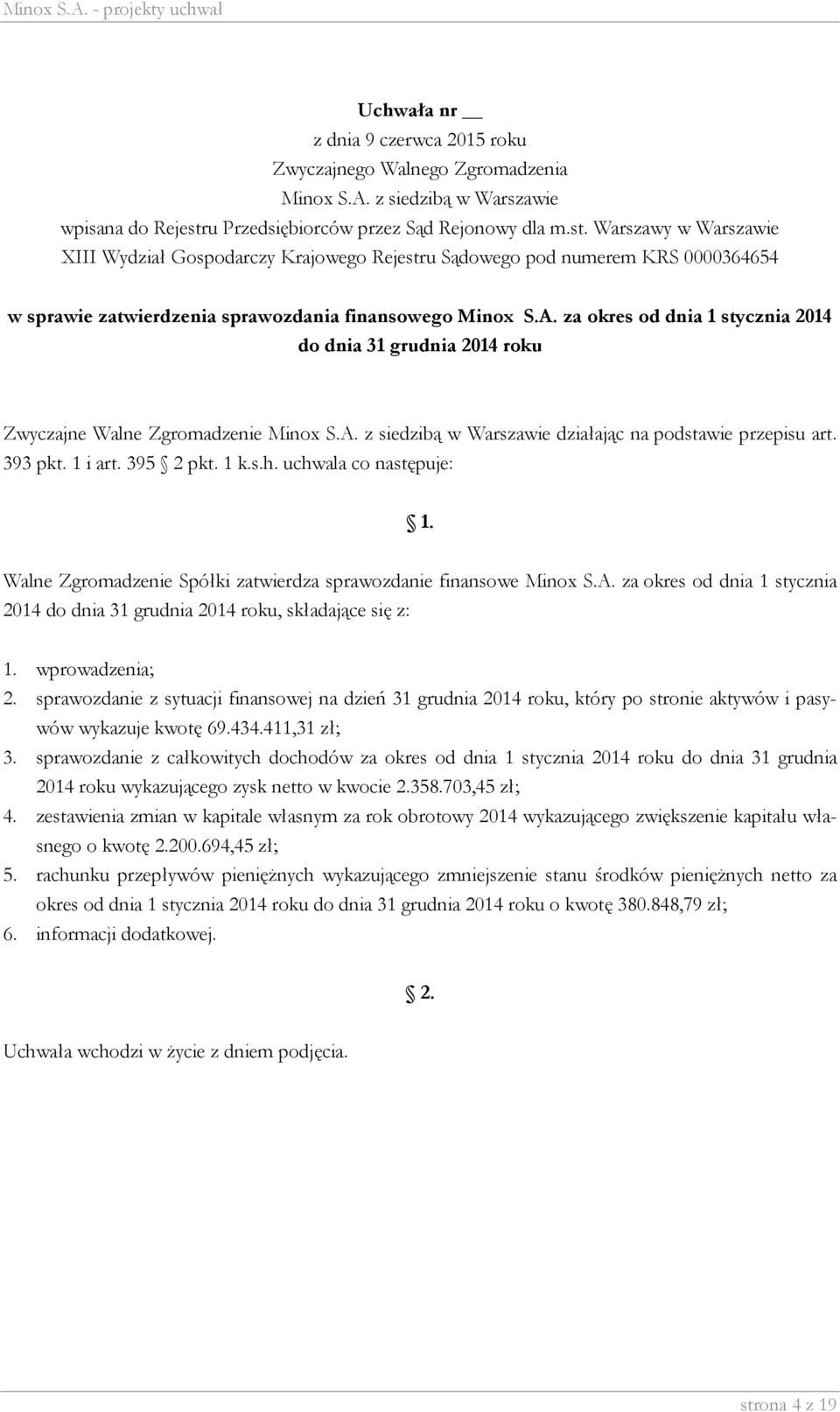 za okres od dnia 1 stycznia 2014 do dnia 31 grudnia 2014 roku, składające się z: 1. wprowadzenia; 2.