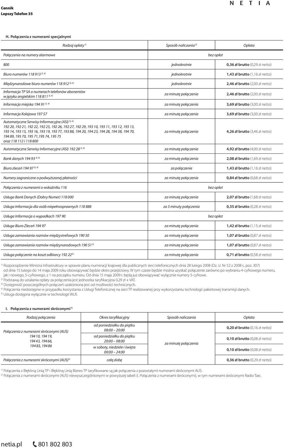 (2,00 zł netto) Informacja miejska 194 91 3), 4) za minutę 3,69 zł brutto (3,00 zł netto) Informacja Kolejowa 197 57 za minutę 3,69 zł brutto (3,00 zł netto) 3), 4) Automatyczne Serwisy Informacyjne