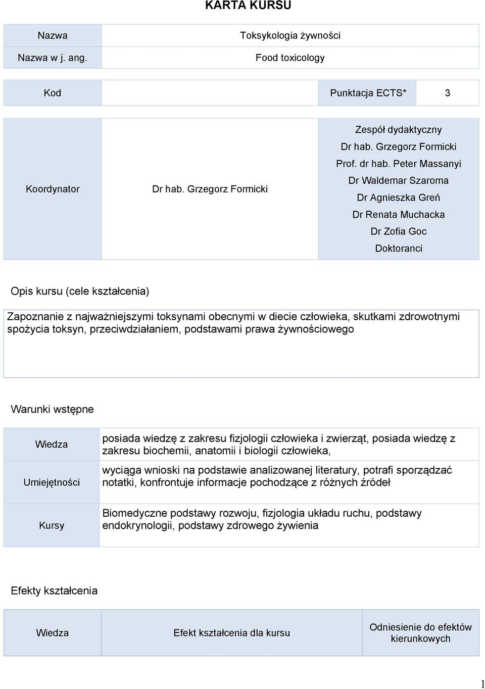 skutkami zdrowotnymi spożycia toksyn, przeciwdziałaniem, podstawami prawa żywnościowego Warunki wstępne Wiedza Umiejętności posiada wiedzę z zakresu fizjologii człowieka i zwierząt, posiada wiedzę z