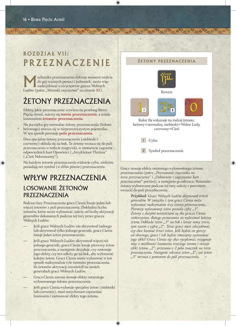 ŻETONY PRZEZNACZENIA Efekty, jakie przeznaczenie wywiera na przebieg Bitwy Pięciu Armii, mierzy się torem przeznaczenia, a ustala losowaniem żetonów przeznaczenia.