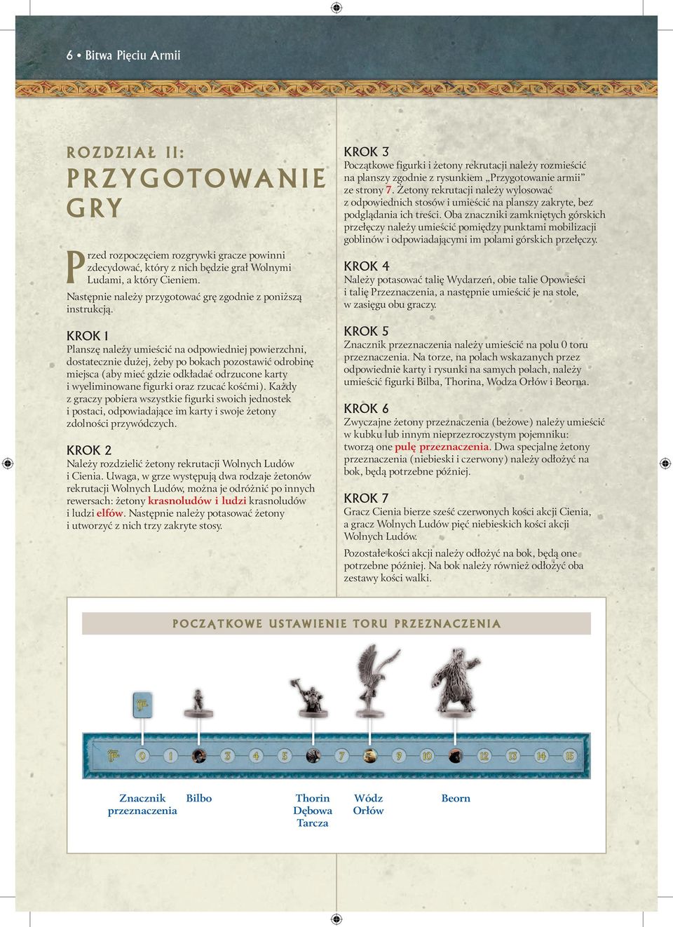 KROK 1 Planszę należy umieścić na odpowiedniej powierzchni, dostatecznie dużej, żeby po bokach pozostawić odrobinę miejsca (aby mieć gdzie odkładać odrzucone karty i wyeliminowane figurki oraz rzucać