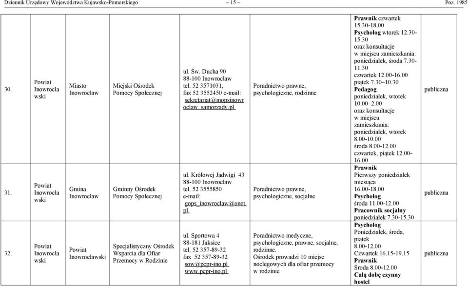 52 3571031, fax 52 3552450 mail: sekretariat@mopsinowr oclaw. samorzady.pl ul. Królowej Jadwigi 43 88-100 Inowrocław tel. 52 3555850 mail: gops_inowroclaw@onet. pl ul. Sportowa 4 88-181 Jaksice tel.