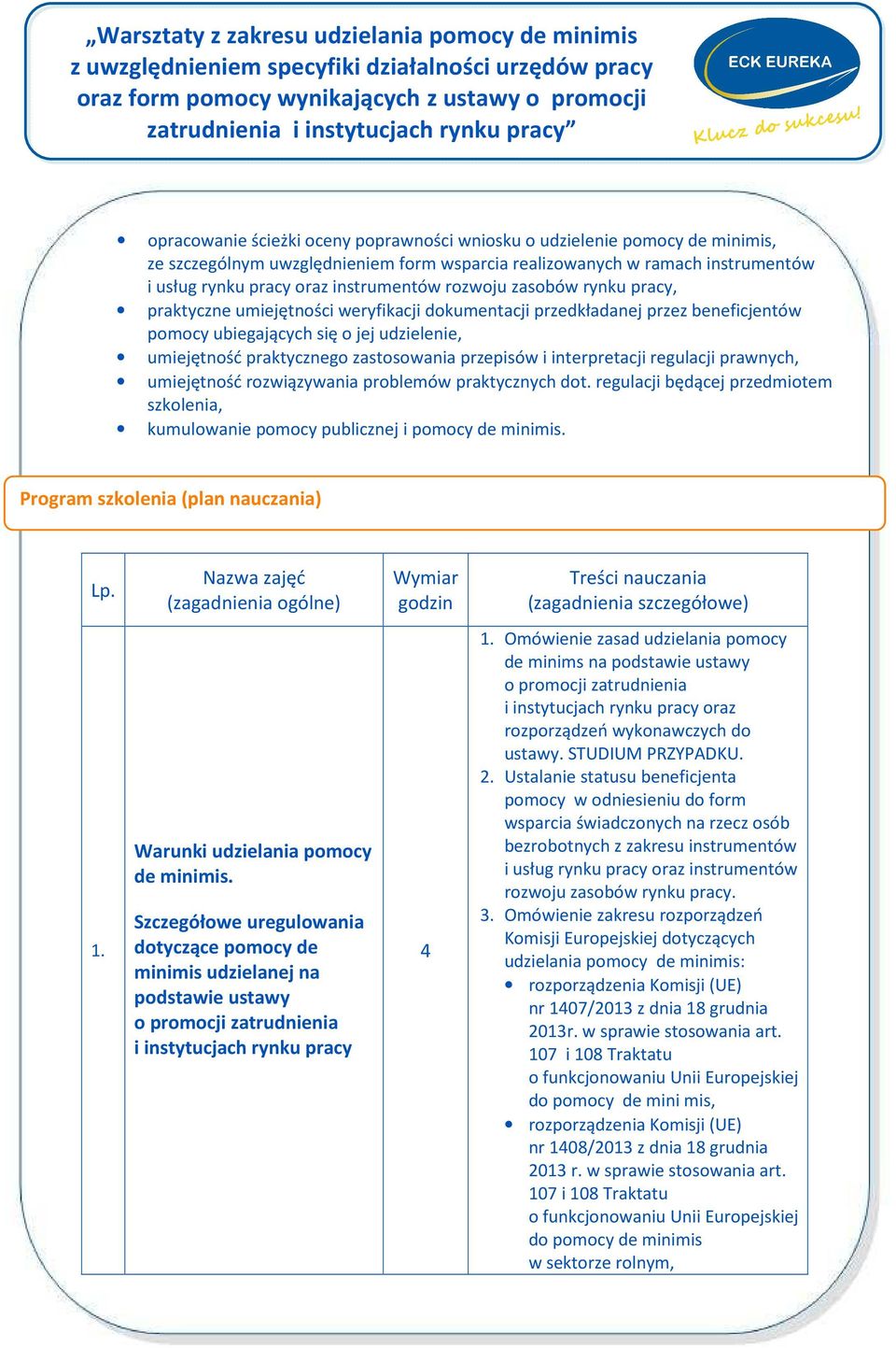 przepisów i interpretacji regulacji prawnych, umiejętność rozwiązywania problemów praktycznych dot. regulacji będącej przedmiotem szkolenia, kumulowanie pomocy publicznej i pomocy de minimis.