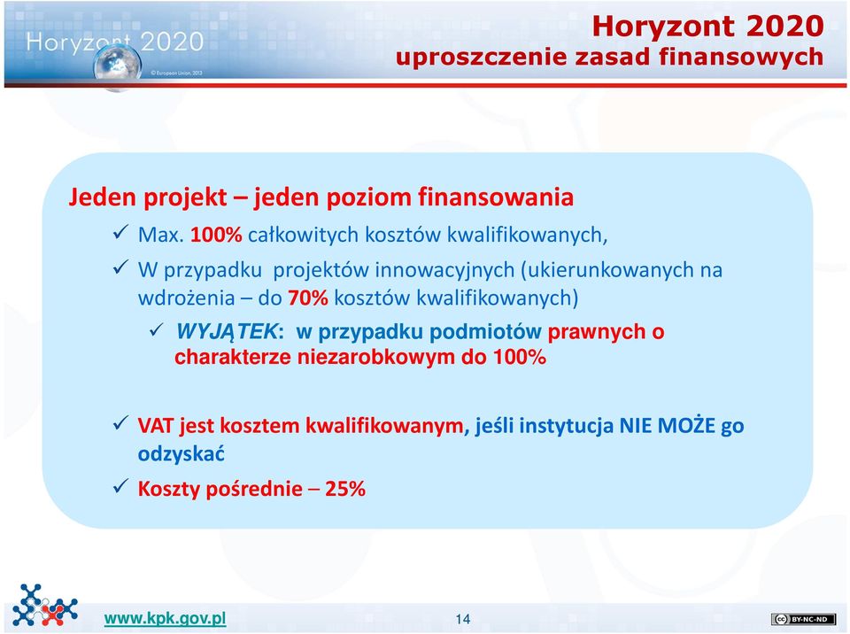 wdrożenia do 70% kosztów kwalifikowanych) WYJĄTEK: w przypadku podmiotów prawnych o charakterze