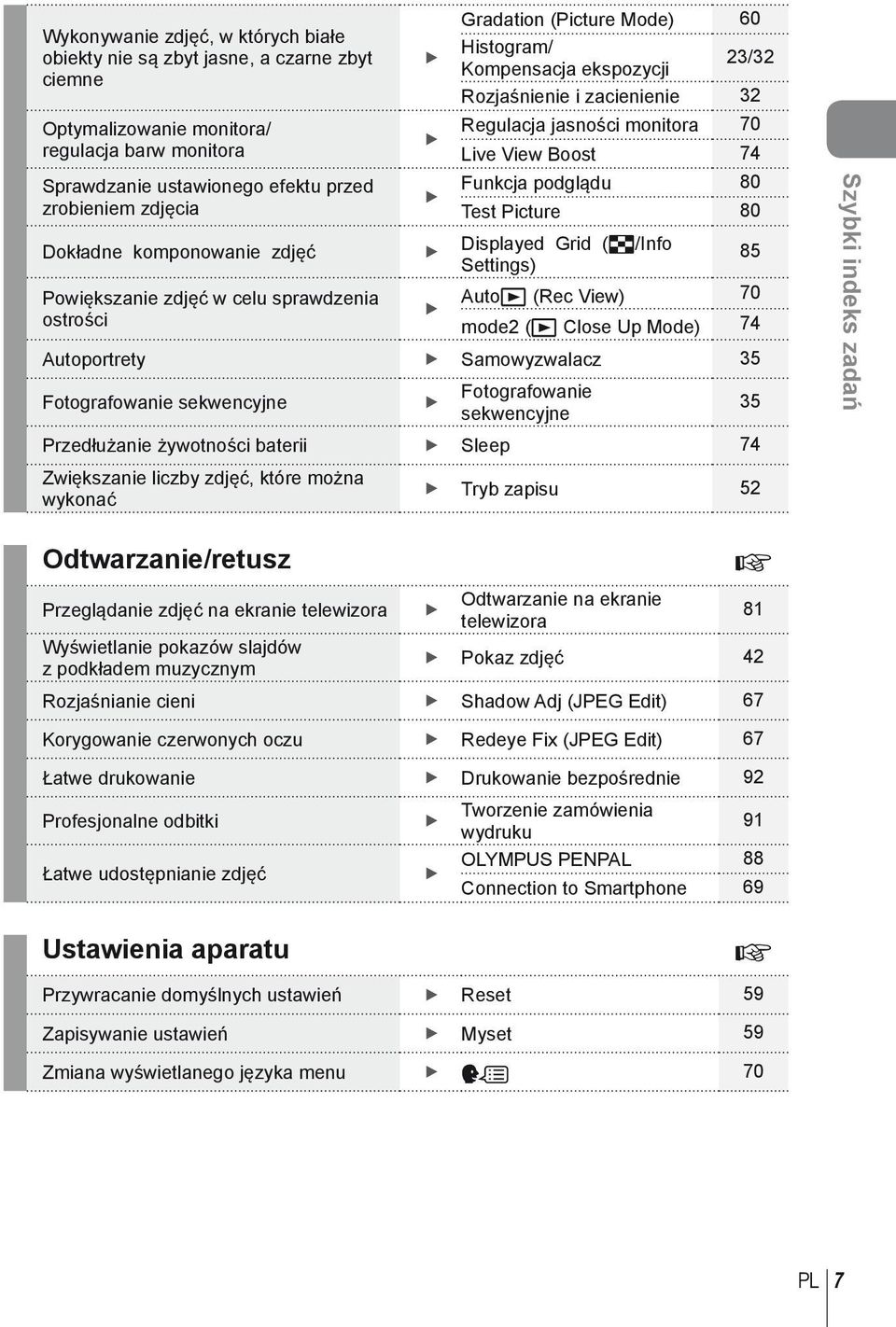 Displayed Grid (G/Info Settings) 85 Powiększanie zdjęć w celu sprawdzenia Autoq (Rec View) 70 ostrości mode (q Close Up Mode) 74 Autoportrety Samowyzwalacz 5 Fotografowanie sekwencyjne Fotografowanie