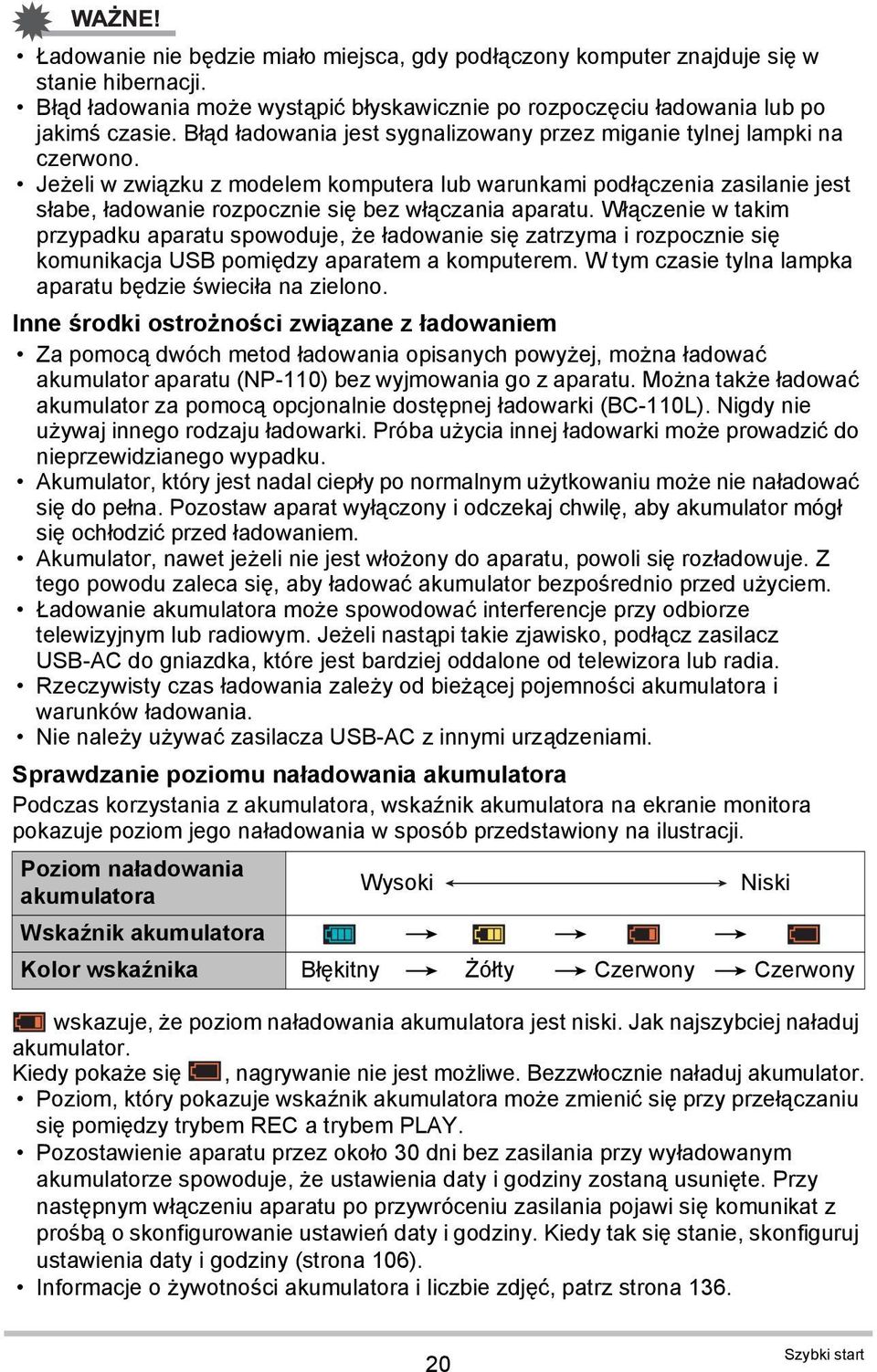 Jeżeli w związku z modelem komputera lub warunkami podłączenia zasilanie jest słabe, ładowanie rozpocznie się bez włączania aparatu.