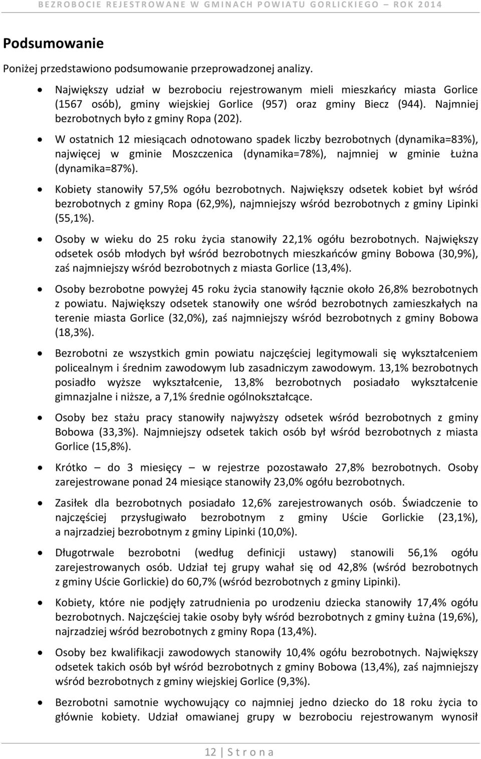 W ostatnich 12 miesiącach odnotowano spadek liczby bezrobotnych (dynamika=83%), najwięcej w gminie (dynamika=78%), najmniej w gminie (dynamika=87%). Kobiety stanowiły 57,5% ogółu bezrobotnych.