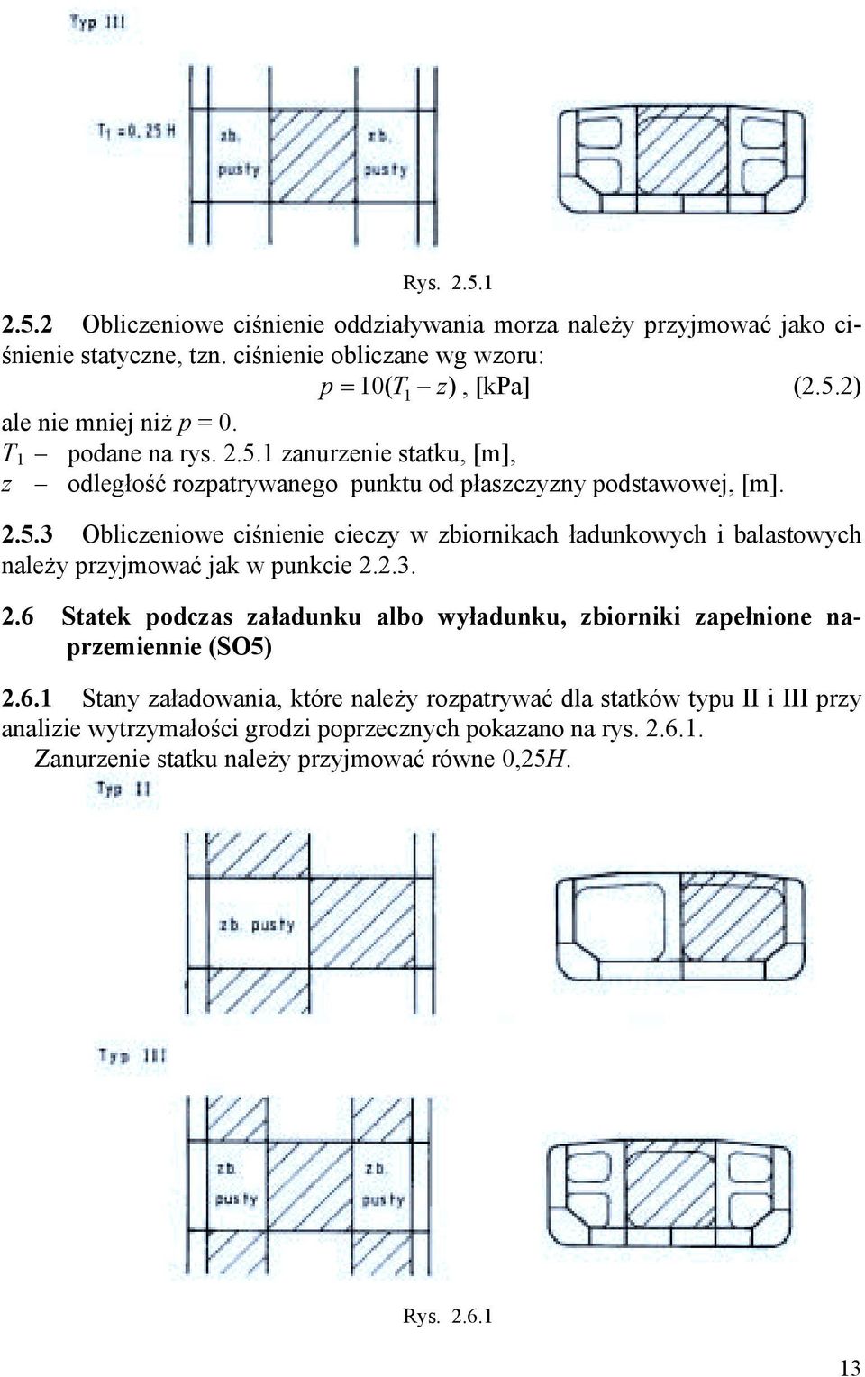 2.3. 2.6 Statek podczas załadunku albo wyładunku, zbiorniki zapełnione naprzemiennie (SO5) 2.6.1 Stany załadowania, które należy rozpatrywać dla statków typu II i III przy analizie wytrzymałości grodzi poprzecznych pokazano na rys.