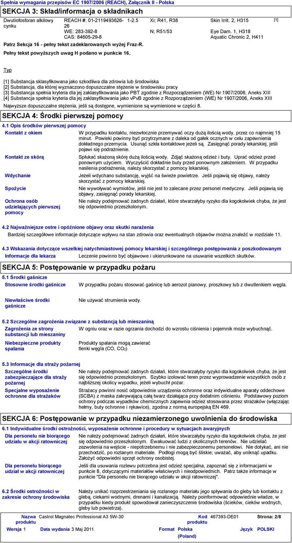 1, H318 Aquatic Chronic 2, H411 [1] Typ [1] Substancja sklasyfikowana jako szkodliwa dla zdrowia lub środowiska [2] Substancja, dla której wyznaczono dopuszczalne stężenie w środowisku pracy [3]