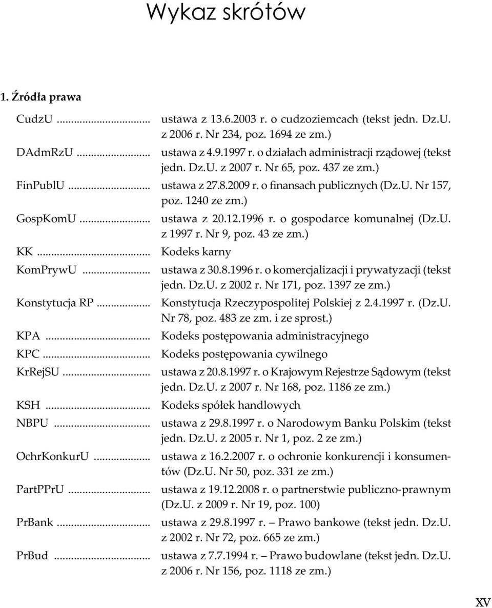 .. KomPrywU... Konstytucja RP... KPA... KPC... KrRejSU... KSH... NBPU... OchrKonkurU... PartPPrU... PrBank... PrBud... ustawa z 20.12.1996 r. o gospodarce komunalnej (Dz.U. z 1997 r. Nr 9, poz.