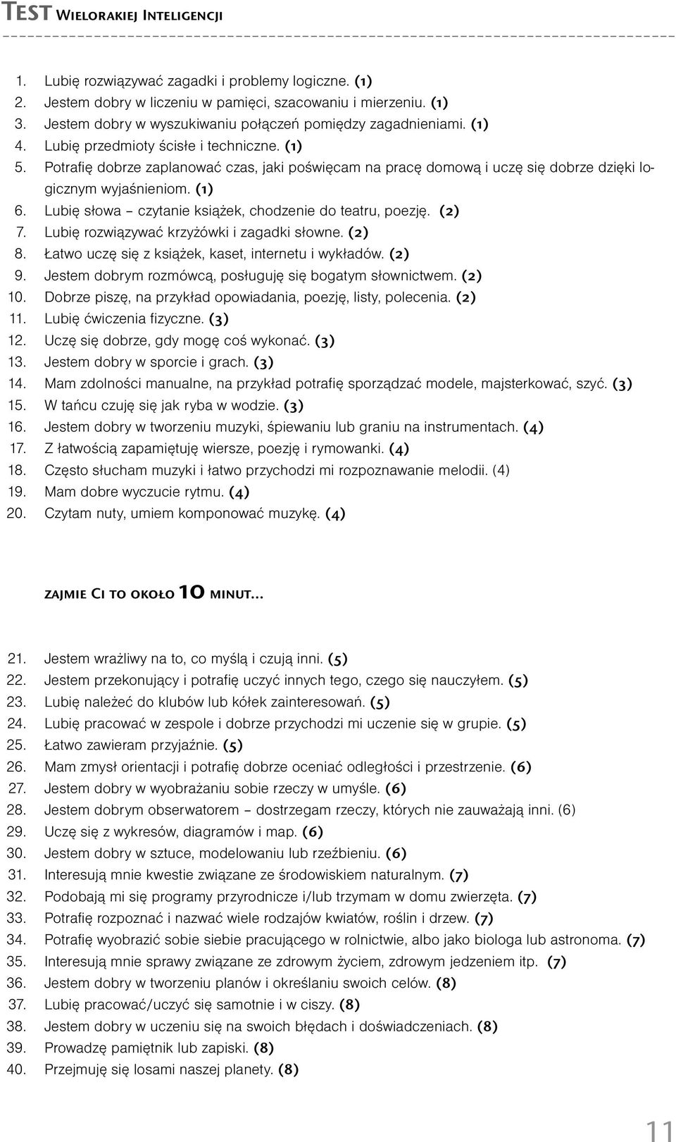 Potrafię dobrze zaplanować czas, jaki poświęcam na pracę domową i uczę się dobrze dzięki logicznym wyjaśnieniom. (1) 6. Lubię słowa czytanie książek, chodzenie do teatru, poezję. (2) 7.