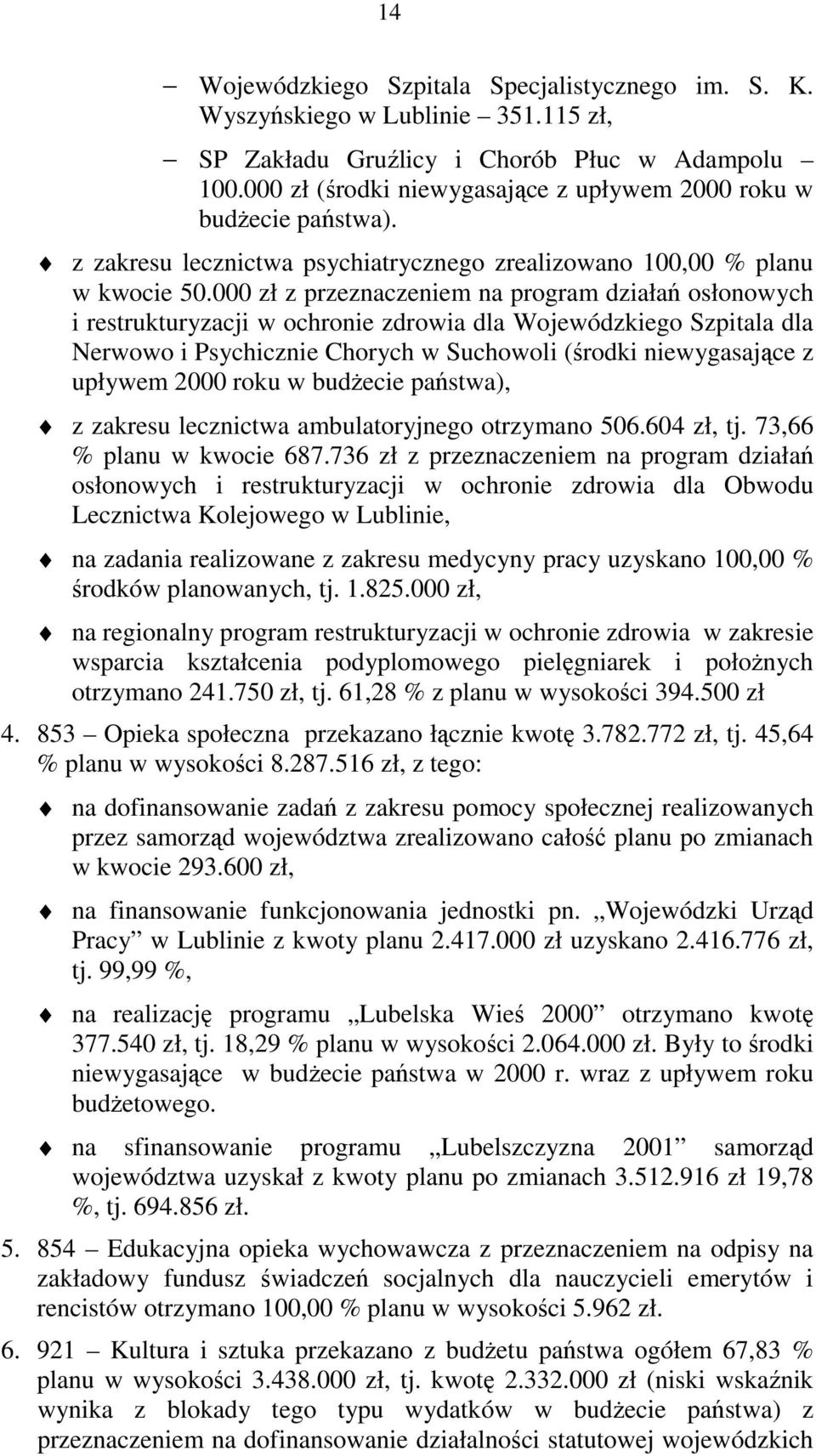 000 zł z przeznaczeniem na program działań osłonowych i restrukturyzacji w ochronie zdrowia dla Wojewódzkiego Szpitala dla Nerwowo i Psychicznie Chorych w Suchowoli (środki niewygasające z upływem