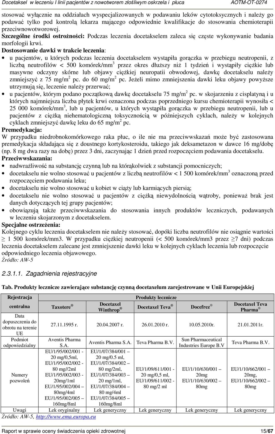 Dostosowanie dawki w trakcie leczenia: u pacjentów, u których podczas leczenia docetakselem wystąpiła gorączka w przebiegu neutropenii, z liczbą neutrofilów < 500 komórek/mm 3 przez okres dłuŝszy niŝ