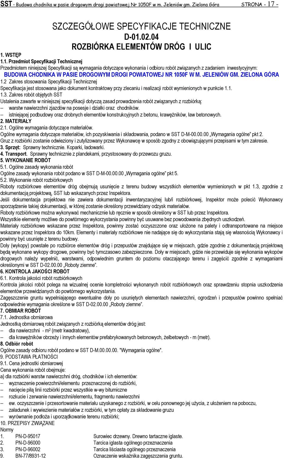 SZCZEGÓŁOWE SPECYFIKACJE TECHNICZNE D-01.